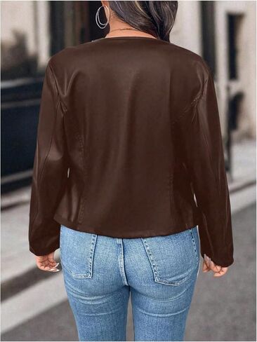 Soly Hux Women's Plus Pu Leather Jacket stup up up Crew Neck Long Sleeve Bomber Stack in Kuwait