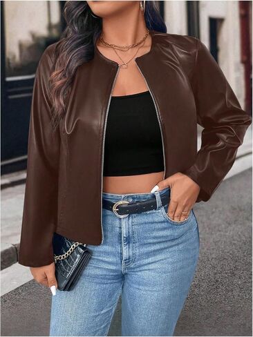 Soly Hux Women's Plus Pu Leather Jacket stup up up Crew Neck Long Sleeve Bomber Stack in Kuwait