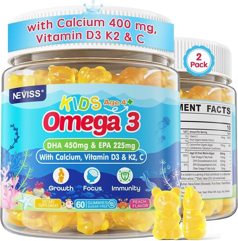 Kids Omega 3 Gummies with Calcium, Vitamin D3 & K2, C, Omega-3 DHA Gummies for Focus and Memory, Bone Health & Immune Support, Kids Omega3 Supplement - No Fish Taste, Non-GMO, Chewable, 2 Pack in Saudi Arabia