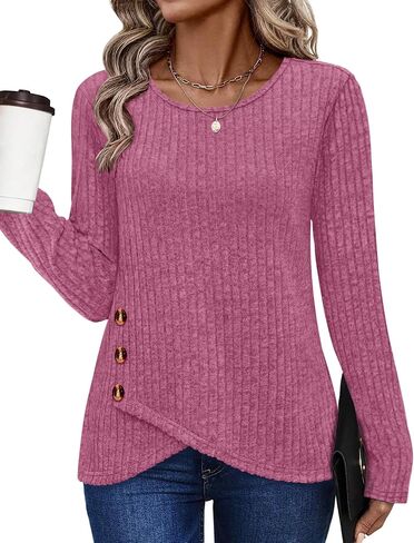 XIEERDUO Tunic Sweaters for Women Long Sleeve Shirts Crew Neck Tops with Buttons Fall Fashion Outfits Winter Clothing in Saudi Arabia