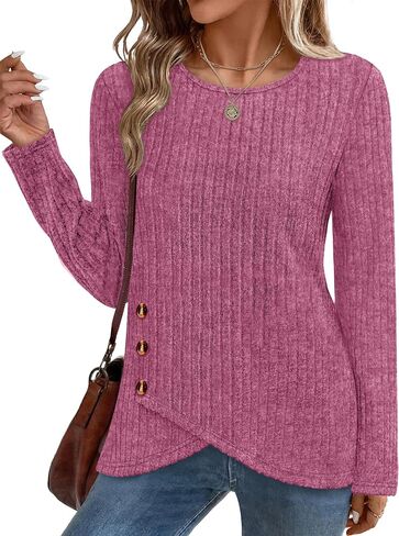 XIEERDUO Tunic Sweaters for Women Long Sleeve Shirts Crew Neck Tops with Buttons Fall Fashion Outfits Winter Clothing in Saudi Arabia