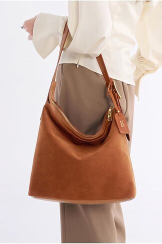 Genuine Leather Suede Bags for Women, Vintage Handbag Purse Suede Hobo Bag Slouchy Bag Shoulder Crossbody Bag in Kuwait