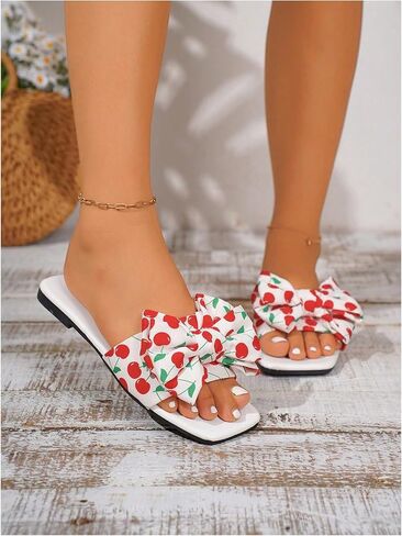 WDIRARA Women's Polka Dots Sandals Slide Flats Open Toe Slip on Leather | Bow, Summer, Vacation, Dressy, Elegant Flat in Saudi Arabia