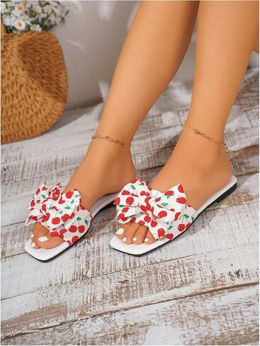 WDIRARA Women's Polka Dots Sandals Slide Flats Open Toe Slip on Leather | Bow, Summer, Vacation, Dressy, Elegant Flat in Saudi Arabia