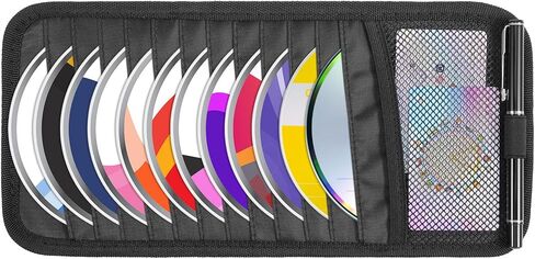 CAR CD CASE HOLDER مركبة SUN FOSOR منظم سعة كبيرة سعة أقراص مضغوطة مع 12 DVD الأكمام تخزين 1 شبكة الجيب 1 حامل القلم وحزام مرن in Kuwait