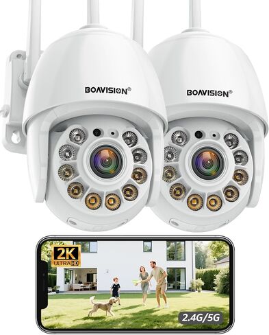 BOAVISION 2K Security Camera Outdoor ، 2Pack WiFi WiFi IP Camera Security Mecurity System 360 ° ، الكشف عن الحركة ، تتبع تلقائي ، نقاش ثنائي ، البلاط الكامل رؤية ليلية in Kuwait