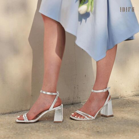 IDIFU IN3 Women's Strappy Heels Chunky Block Square Open Toe Adjustable Ankle Strap Heeled Sandals Slingback Thick Low Wedding Prom Bridal Dress Shoes for Women Short Small Heels in Saudi Arabia