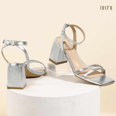 IDIFU IN3 Women's Strappy Heels Chunky Block Square Open Toe Adjustable Ankle Strap Heeled Sandals Slingback Thick Low Wedding Prom Bridal Dress Shoes for Women Short Small Heels in Saudi Arabia