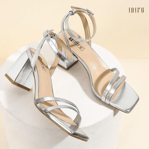 IDIFU IN3 Women's Strappy Heels Chunky Block Square Open Toe Adjustable Ankle Strap Heeled Sandals Slingback Thick Low Wedding Prom Bridal Dress Shoes for Women Short Small Heels in Saudi Arabia