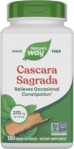 Nature’s Way Cascara Sagrada Bark, Occasional Constipation Relief*, Supports Regularity*, Non-GMO Project Verified, 270 mg per Serving, 180 Capsules (Packaging May Vary) in Saudi Arabia