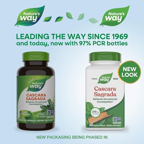 Nature’s Way Cascara Sagrada Bark, Occasional Constipation Relief*, Supports Regularity*, Non-GMO Project Verified, 270 mg per Serving, 180 Capsules (Packaging May Vary) in Saudi Arabia