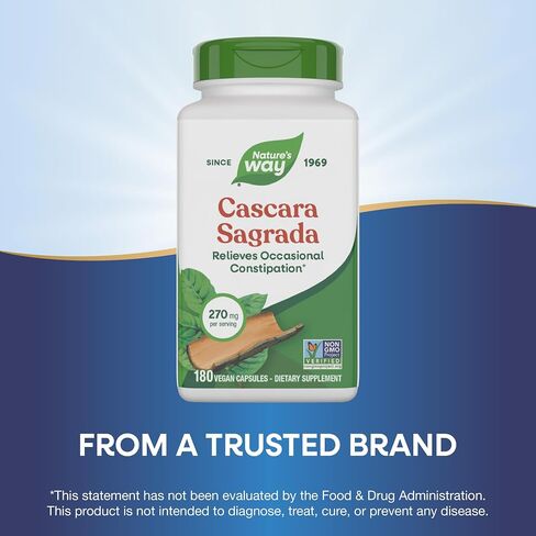Nature’s Way Cascara Sagrada Bark, Occasional Constipation Relief*, Supports Regularity*, Non-GMO Project Verified, 270 mg per Serving, 180 Capsules (Packaging May Vary) in Saudi Arabia