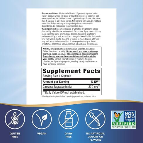 Nature’s Way Cascara Sagrada Bark, Occasional Constipation Relief*, Supports Regularity*, Non-GMO Project Verified, 270 mg per Serving, 180 Capsules (Packaging May Vary) in Saudi Arabia