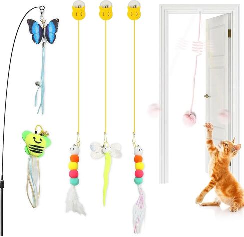 4-in-1 Interactive Cat Toy Set for Indoor Cats – Retractable Cat Wand, 2-Pole Suction Cup Base, Catnip Pillow, 14+ Accessories – Self-Play & Interactive Cat Feather Toys with Safe Durable Materials in Saudi Arabia