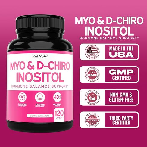 مسحوق ملحق Myo-inositol & D-Chiro inositol (2050mg لكل خدمة مثالية 40: 1 نسبة Myo Inositol ، 30 يومًا) للتوازن الهرموني لصحة النساء والمبيض-تم اختبار طرف ثالث ، نباتي وولايات المتحدة الأمريكية in Kuwait