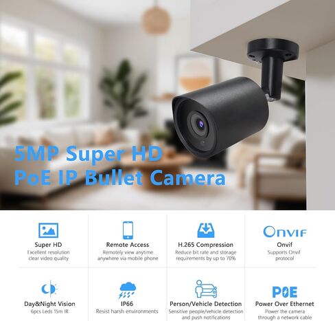 كاميرا أمان IP Poe IP 5MP ، H.265 BULLET IP كاميرا بزاوية واسعة 105 درجة ، وعدسة 2.8 ملم ، ورؤية ليلية 80 قدمًا ، متوافقة مع NVRs من طرف ثالث (أبيض) in Kuwait