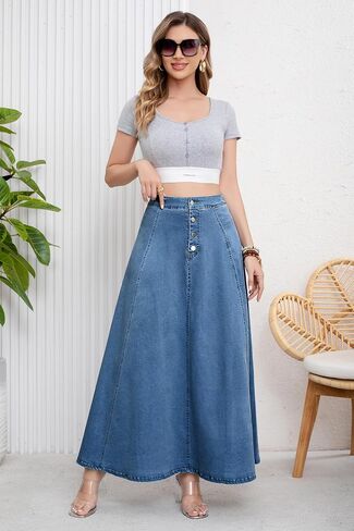 ebossy Women's Retro High Waisted Button Fly Flared Long Jean Skirts Pleated Flowy Swing A-line Denim Maxi Skirts in Kuwait