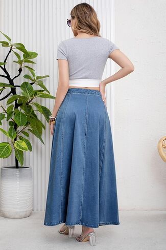 ebossy Women's Retro High Waisted Button Fly Flared Long Jean Skirts Pleated Flowy Swing A-line Denim Maxi Skirts in Kuwait