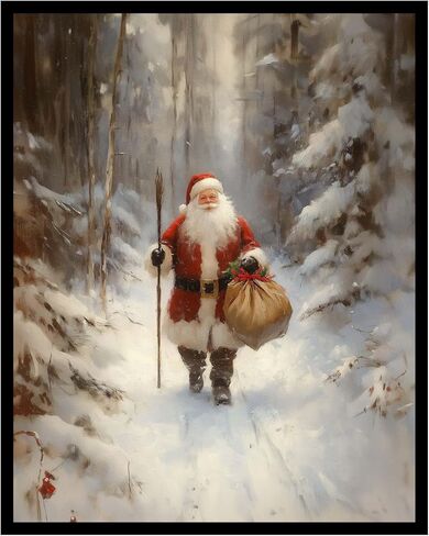 Santa Is Coming To Town Painting Print, Vintage Cozy Santa Claus Wall Art, Country Cabin Decor, Winter Core Holiday Print, Cottage Core Winter Wall Decor (11x14 inch Print Unframed) in Saudi Arabia
