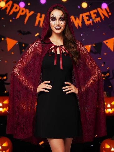GORAIS Black Lace Hooded Cape Short Sheer Cloak Halloween Cosplay Costume for Women in Kuwait