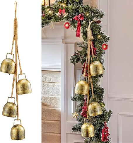 Minetom Rustic Style Gold Bells - Set of 4 Handmade Metal Harmony Sound Christmas Bells on Jute Rope, Perfect for Garland, Door Decoration in Kuwait