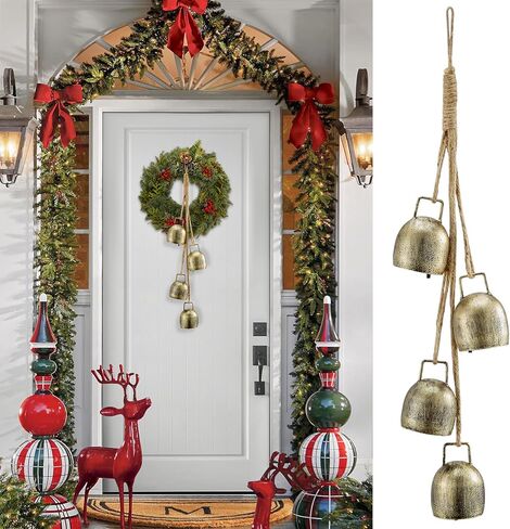 Minetom Rustic Style Gold Bells - Set of 4 Handmade Metal Harmony Sound Christmas Bells on Jute Rope, Perfect for Garland, Door Decoration in Kuwait