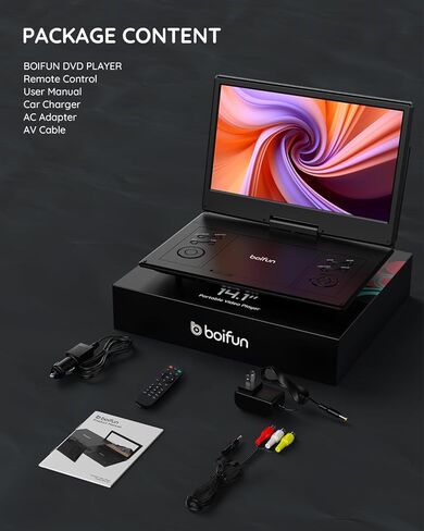 مشغل DVD محمول BOIFUN مقاس 15.7 بوصة مع شاشة عالية الدقة مقاس 14.1 بوصة، وبطارية قابلة لإعادة الشحن لمدة 5 ساعات، ودعم إدخال HDMI، ومزامنة التلفزيون، وUSB، وبطاقة SD وتنسيقات أقراص متعددة، ومكبر صوت مزدوج، أسود غير لامع غني in Saudi Arabia