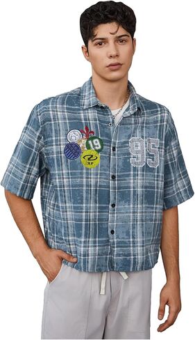 Verdusa Men's Hip Hop Colorblock Plaid Button Down Shirts Drop Shoulder Loose Tops Streetwear in Saudi Arabia
