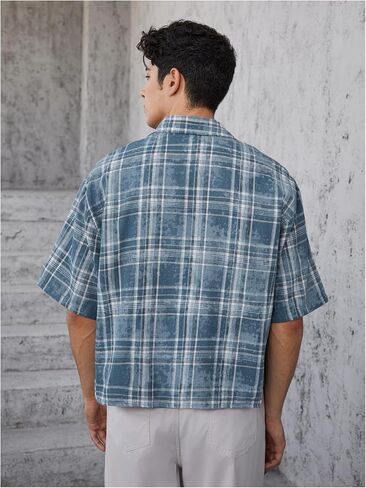 Verdusa Men's Hip Hop Colorblock Plaid Button Down Shirts Drop Shoulder Loose Tops Streetwear in Saudi Arabia