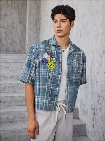 Verdusa Men's Hip Hop Colorblock Plaid Button Down Shirts Drop Shoulder Loose Tops Streetwear in Saudi Arabia