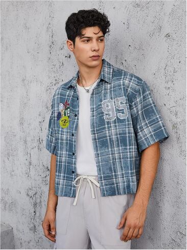 Verdusa Men's Hip Hop Colorblock Plaid Button Down Shirts Drop Shoulder Loose Tops Streetwear in Saudi Arabia