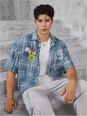 Verdusa Men's Hip Hop Colorblock Plaid Button Down Shirts Drop Shoulder Loose Tops Streetwear in Saudi Arabia