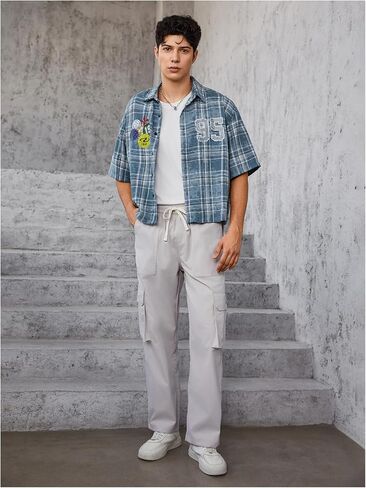 Verdusa Men's Hip Hop Colorblock Plaid Button Down Shirts Drop Shoulder Loose Tops Streetwear in Saudi Arabia