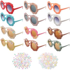 Fumwase 12 Pairs Kids Round Flower Sunglasses for Girls Toddler Flower Sunglasses 100 Letter Beads 50 Flower Beads 1 Glue