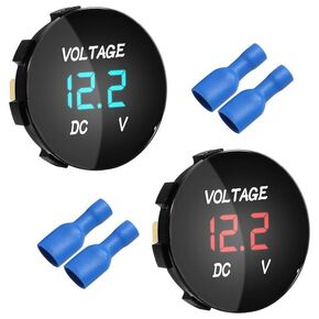 2 قطعة DC12V 24V مقاوم للماء سيارة الفولتميتر LED لوحة عرض رقمية DC 5-48V مقياس الجهد الرقمي متر لوحة مستديرة مع محطات قارب مركبة بحرية سيارة دراجة نارية شاحنة ATV UTV (أزرق + ضوء أحمر)
