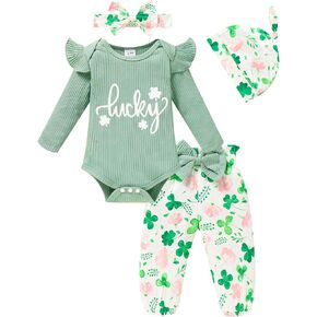 ZOELNIC Baby Girl St.Patricks Day Clothes Lucky Print Ruffle Romper Clover Bow Pants+Hat+Headband 4pcs Holiday Outfit