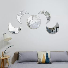 Coo-Drill Glass Moon Phase Mirror Set, Bohemian Wall Mirror, Never Distorted Boho Wall Hanging Moon Mirror Wall Decor Silver