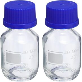 PATIKIL 50mL Reagent Media Bottle, 2Pcs Round Graduated Glass Storage Bottle Blue Screw Cap for Chemistry Lab Universities Home, Clear