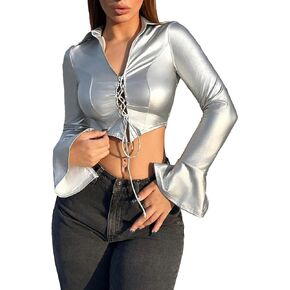 WDIRARA Women's Metallic Lace Up Front Crop Blouse Stretch Flounce Long Sleeve V Neck Rave Party Club Tops