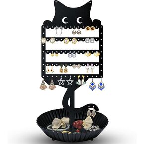 Earring Holder Hanging Organizer Stand Jewelry Rack Metal Cute Cat Tree Shelf Room Decor Table Ear Stud Holder Display Tower with Ring Storage Tray for Teens Girls Kids Cat Lovers