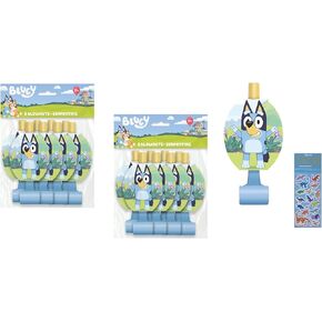 Bluey Dog Birthday Party Supplies Bundle includes 16 Party Blowouts and 1 Dinosaur Sticker Sheet
