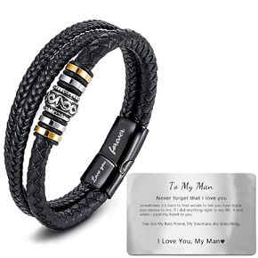 Mens Leather Bracelet to My Dad, Black Handmade Bracelets with Stainless Steel Clasp, Braided Men Jewelry Gift for Birthday, Fathers Day, Retirement Gifts for Dad/Father