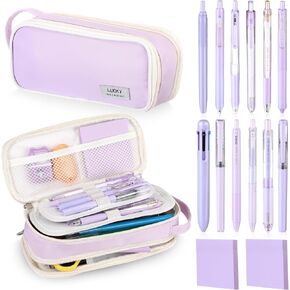 Seajan 15 Pcs Purple Aesthetic Stationery Supplies for School Students Include Large Capacity Pencil Case 10 Retractable Pens 2 Purple Notes 1 Purple Highlighters 1 Multicolor Ballpoint Pen