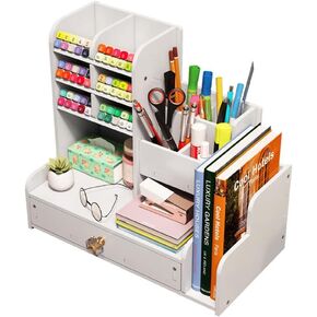 White Desk Organizer, Large Capacity DIY Pen Holder Box, Desktop Stationary Storage Rack for School Home Office (B02-1)