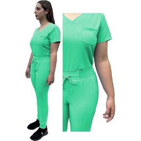 ANGIE UNIFORMS YOGAFLEX Tuck-in Jogger Scrubs for Women Set. Regular and PETITE. 1 Pocket Top with Tapered Leg Joggers.