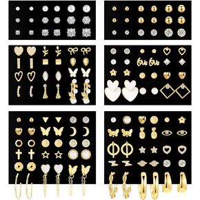 70 Pairs Gold Stud Earrings Set for Women Multipack, Trendy Hypoallergenic Pearl Cubic Zirconia Multiple Piercings Earrings Packs, Chunky Hoops Earrings for Teen Girls