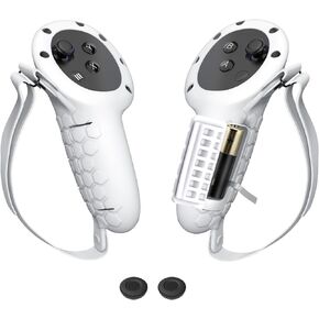 MOJOXR Upgraded Controller Grip Cover & Joystick Caps Compatible with Quest 3, VR Accessories Silicone Protective Grip Sleeve, with Battery Opening Protector and Adjustable Knuckle Strap(White)