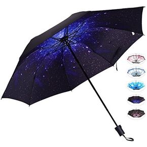 J&B Umbrellas Compact Travel Umbrella for Women Vinyl Anti-UV Long Stick Lightweight Starry and Blossom Parasol for Sun and Rain Gift Choice Starry …