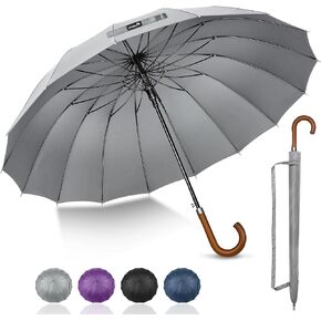 ZOMAKE Large Stick Umbrella With Wood Hook Handle 55 Inch - Automatic Open Classic Golf Umbrellas Windproof 16 Ribs - Curved Handle Business Umbrella Cane, Long Umbrella J Hook for Gentlemen Women