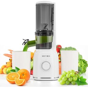 Secura Slow Juicer with Stainless Steel Prong Spiral Auger & Mesh Free Filter, Cold Press Juicer, Masticating Juicer Machines with Quiet Motor & Reverse Function for Vegetables and Fruits, White